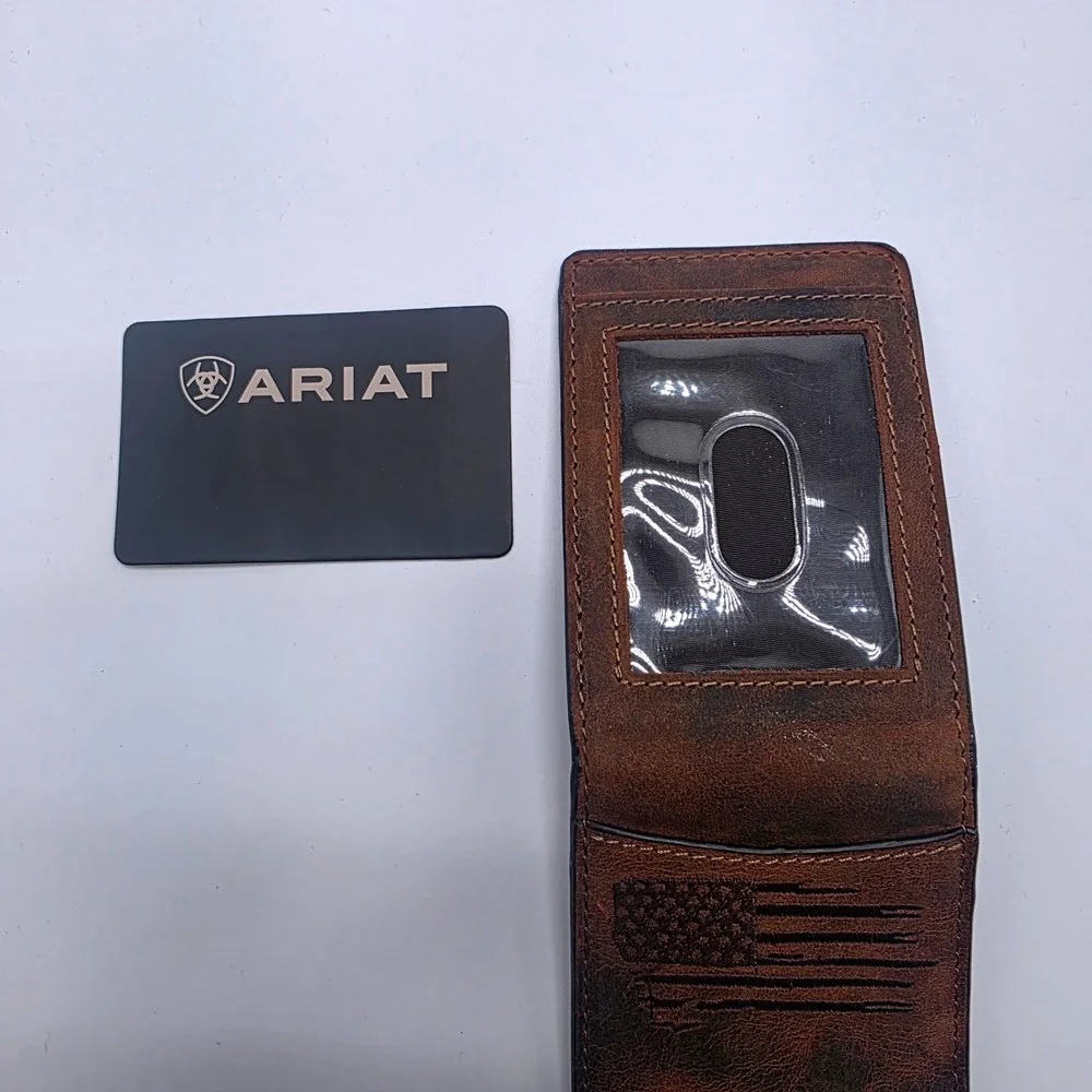 Ariat Mens Distressed Brown Leather American Flag Bifold Money Clip Wallet